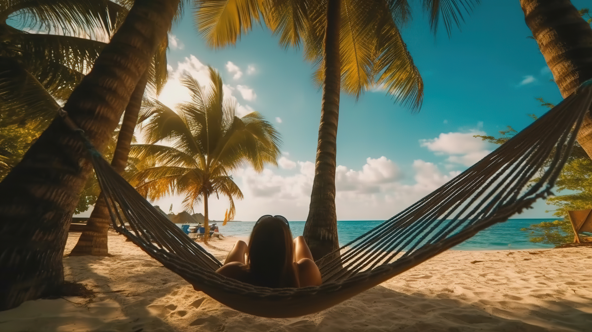 Back View Woman Laying In A Hammock In Between Two Palm
