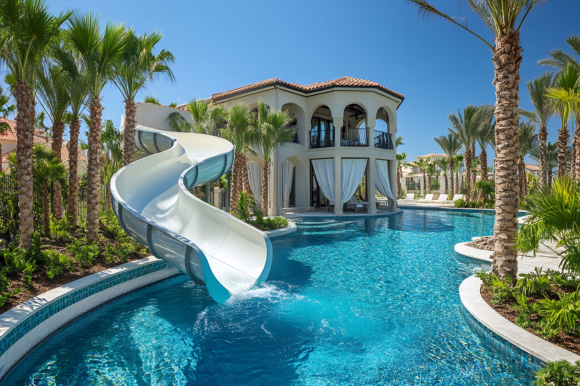 Waterslide Entering Luxurious Turquoise Swimming Pool In A
