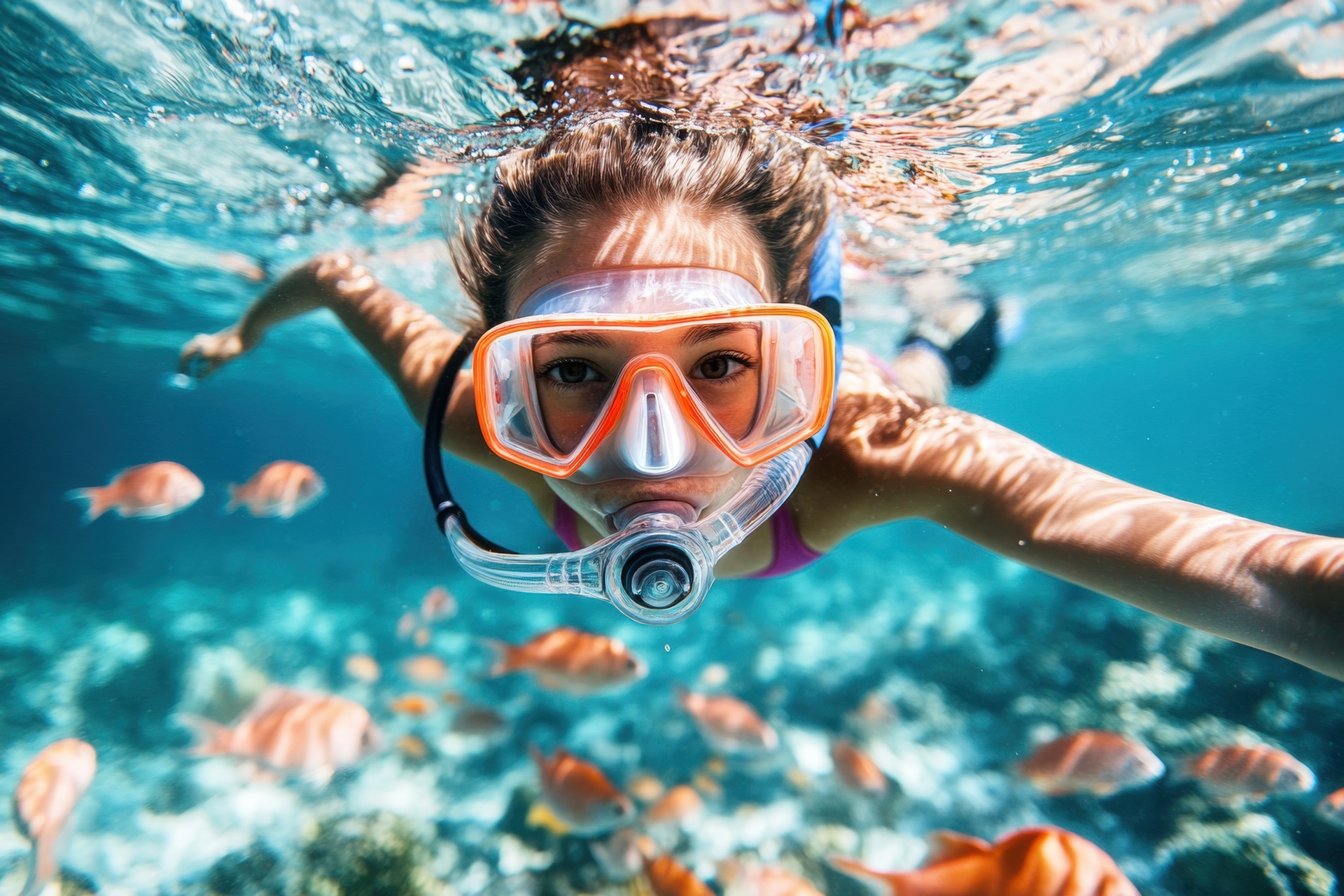 Young Girl Snorkeling In Tropical Sea Exploring Underwater