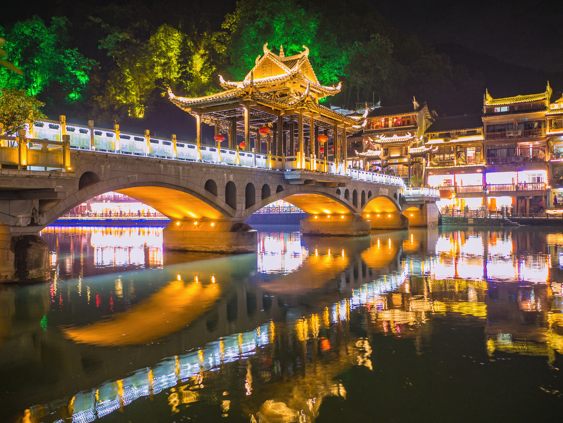 Scenery View In The Night Of Fenghuang Old Town Phoenix