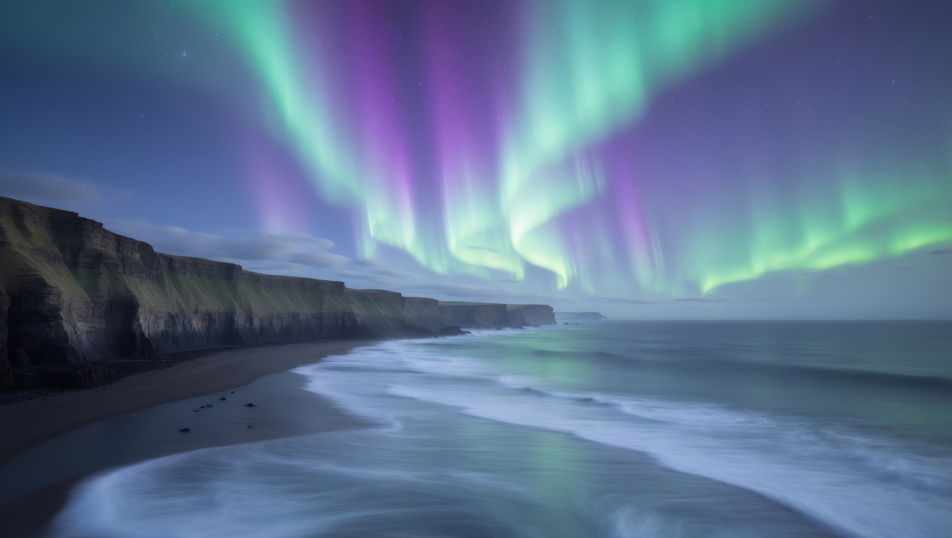 The Aurora Borealis Over The Sea In Iceland